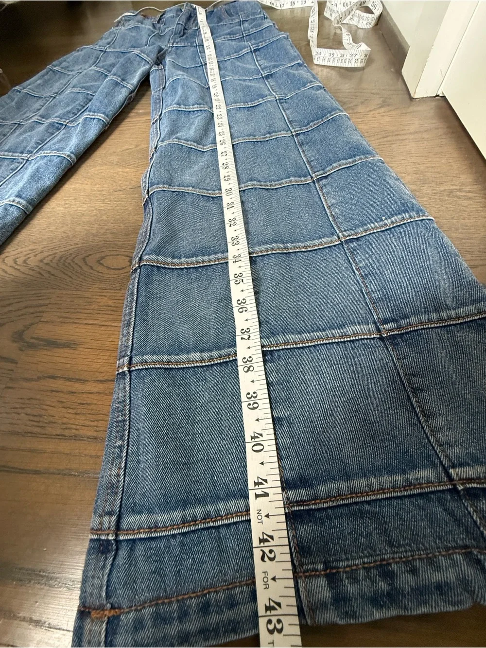 Cynthia Rowley Collection Window Pane Blue Patchwork Wide-Leg Jeans size 25. - Picture 10 of 10